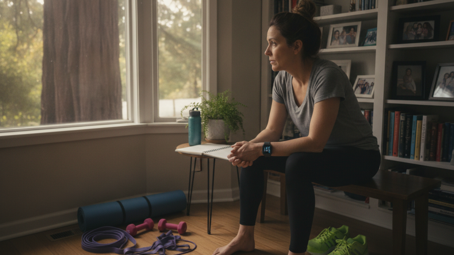 Woman displaying signs of wellness burnout while taking a break in a home workout area.