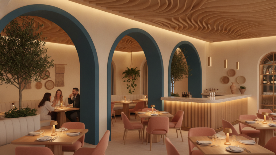 Elegant Mediterranean-inspired restaurant interior in Sacramento, showcasing live fire dining.
