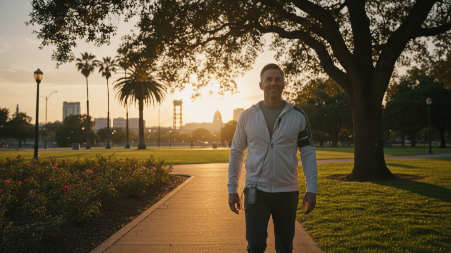 Man experiencing shoulder pain relief while walking alone in Sacramento park at sunset.