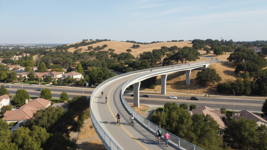 Scenic view of Johnny Cash Trail with a bridge, cyclists, and oak trees in Folsom CA.