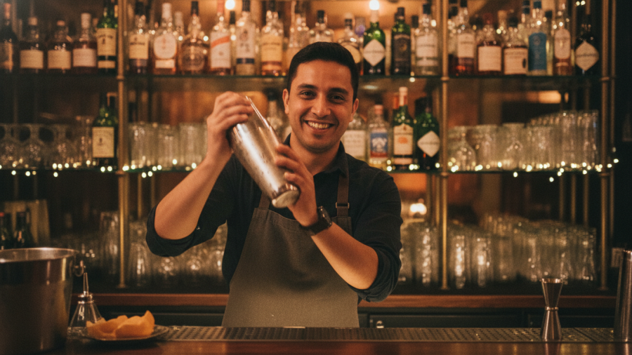 Smiling bartender at Midtown Sacramento cocktail bar mixing vibrant tropical cocktails.