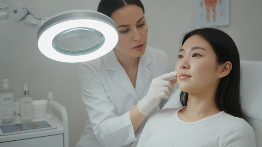 Expert professional skin consultation analysis under magnifying lamp.