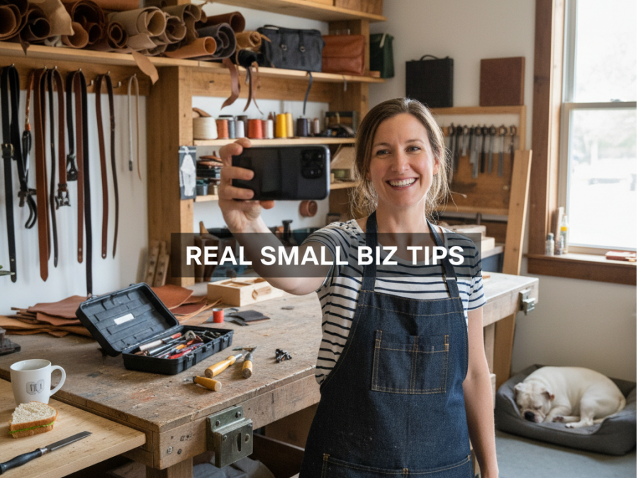 Small business owner recording a video, showcasing authentic content marketing strategy.