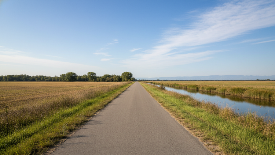 Remote levee road in Delta landscape, showcasing Hogback Island access safety.