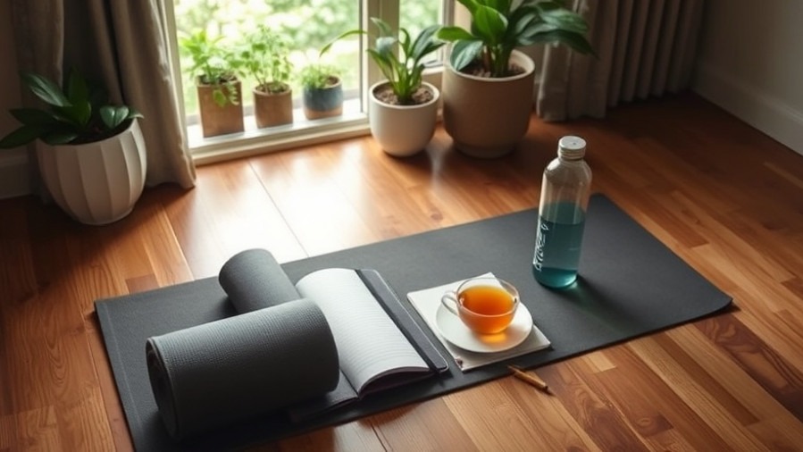 Calm still life with yoga mat and tea, promoting mobility training and mindfulness.