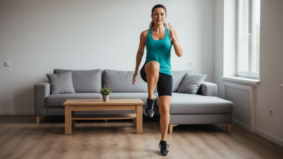 Dynamic high knees bodyweight exercise in a simple home fitness setting.
