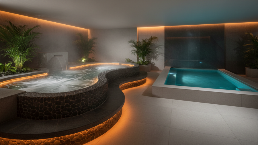 Spa treatments highlight hot/cold contrasts in a serene hydrotherapy area.