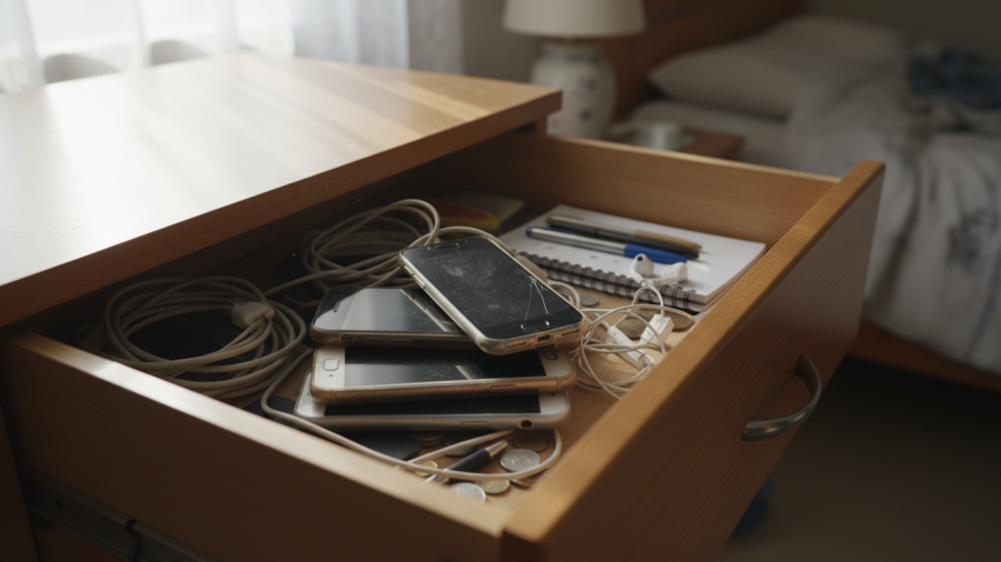 Relatable view of unused smartphones in a cluttered drawer, highlighting iPhone recycling habits.