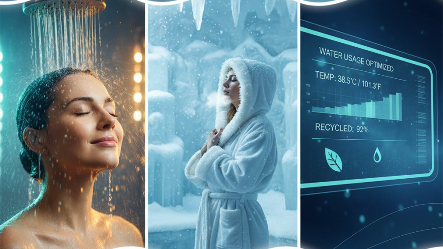 A collage of a spa guest in a sensory shower, snow room, and water-monitoring dashboard.