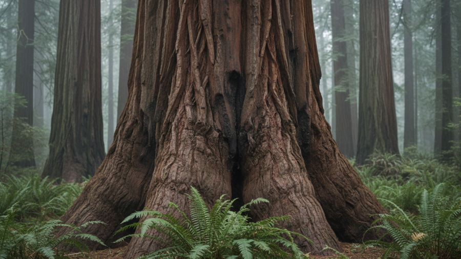 Close-up of a coastal redwood trunk showcasing thick bark and vibrant ferns.