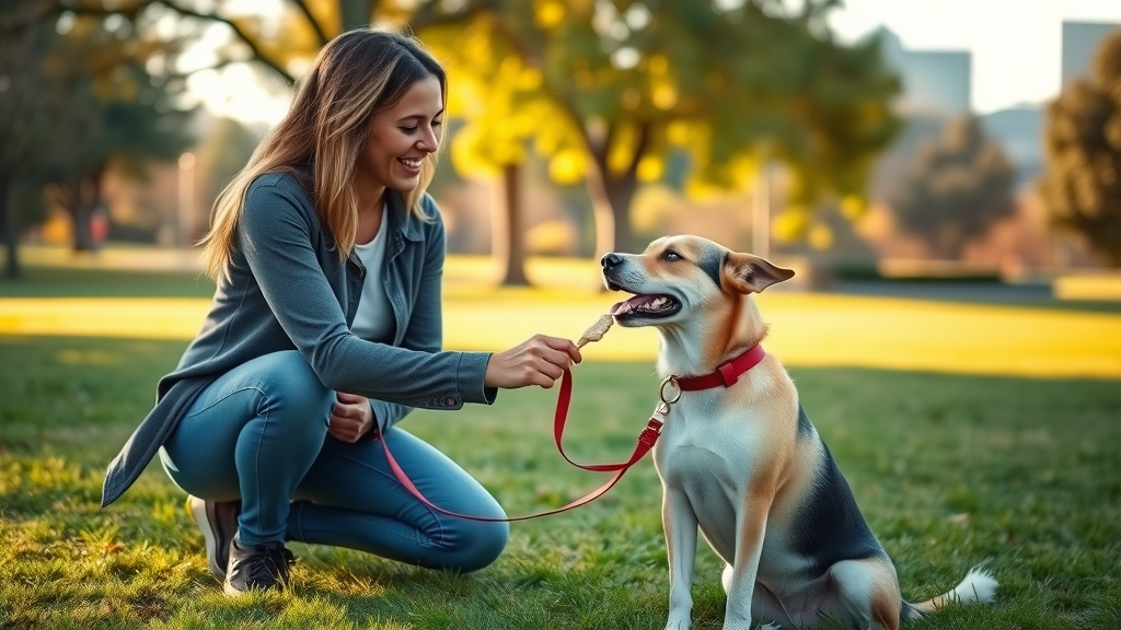 Humane dog training in Sacramento shown with trainer gently rewarding attentive dog outdoors.