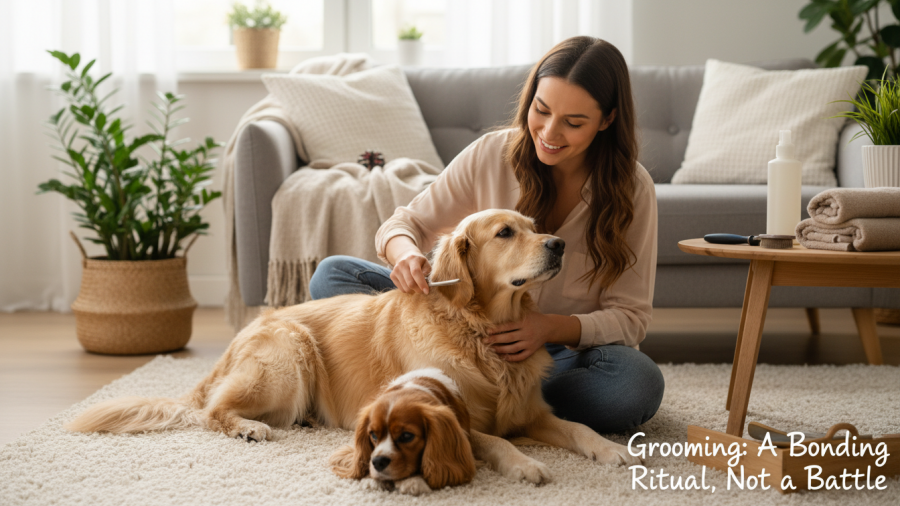 Grooming as a bonding ritual for Sacramento dog owners using essential grooming tools.