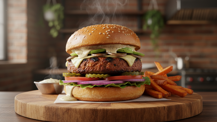 Indulgent plant-based burger garnished with fresh ingredients in a gourmet setting.