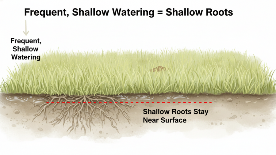 Deep vs frequent watering for a healthy lawn in Sacramento, showing grass root depths.