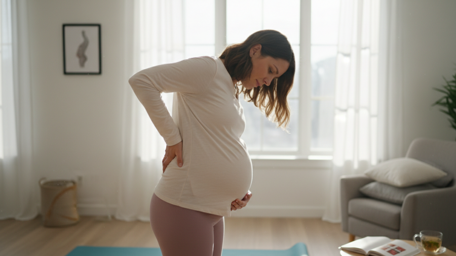 Pregnant woman experiencing back pain; consult healthcare provider for therapy.