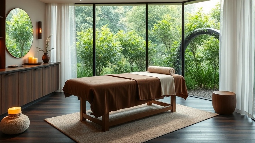 Serene modern spa treatment room with plush linens and garden view