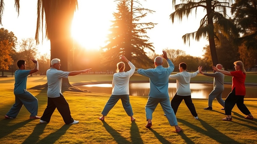 Group practicing tai chi in Sacramento’s McKinley Park at sunrise for stress relief.