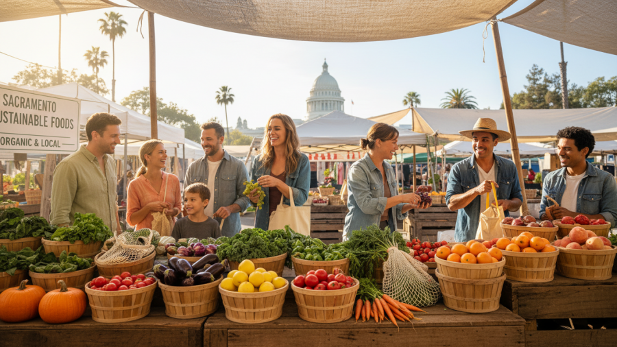 Group shopping for organic produce at Sacramento's sustainable market.