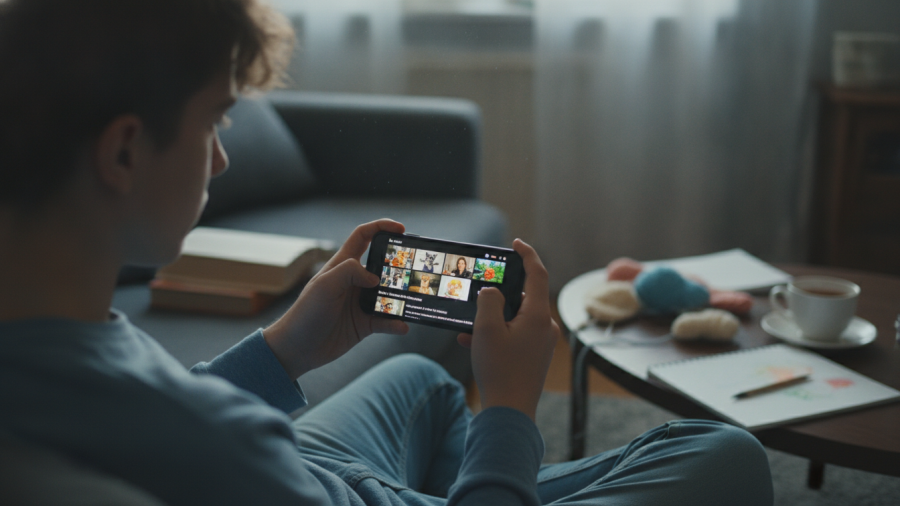 Person engaged in short video viewing, emphasizing influencer marketing for day spas.