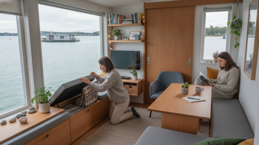 Cozy floating home interior showcasing sustainable living with smart space use.