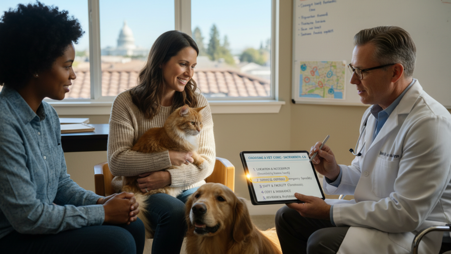 Owner with cat and dog learns vet checklist for choosing a veterinary clinic in Sacramento.