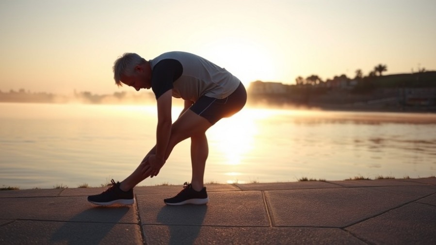Middle-aged man doing functional fitness stretches for healthy aging at sunrise.