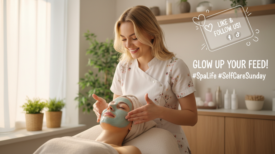 Cheerful esthetician applying a facial mask in a spa for effective spa social media engagement.