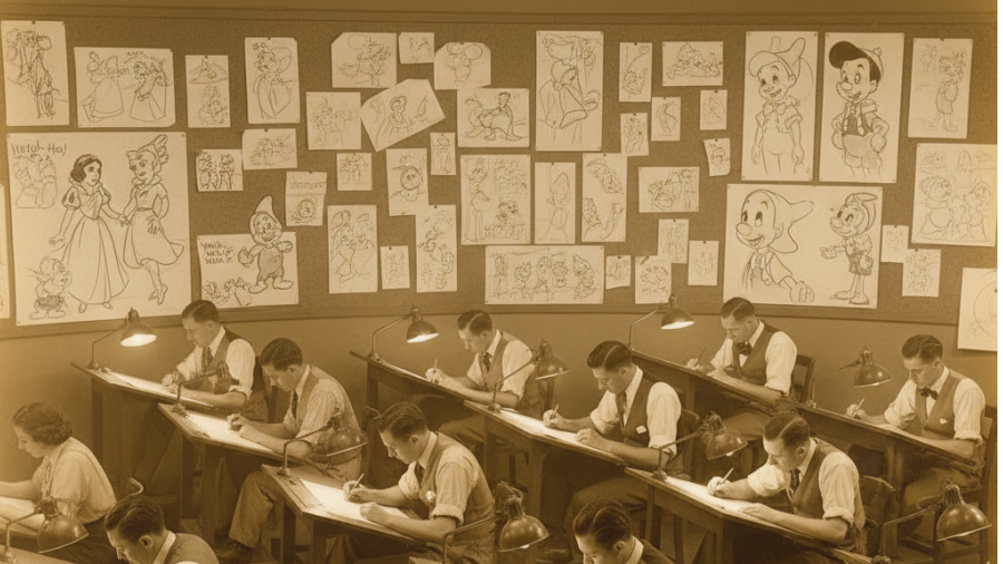 1930s Disney animators creating Snow White and Pinocchio storyboards.