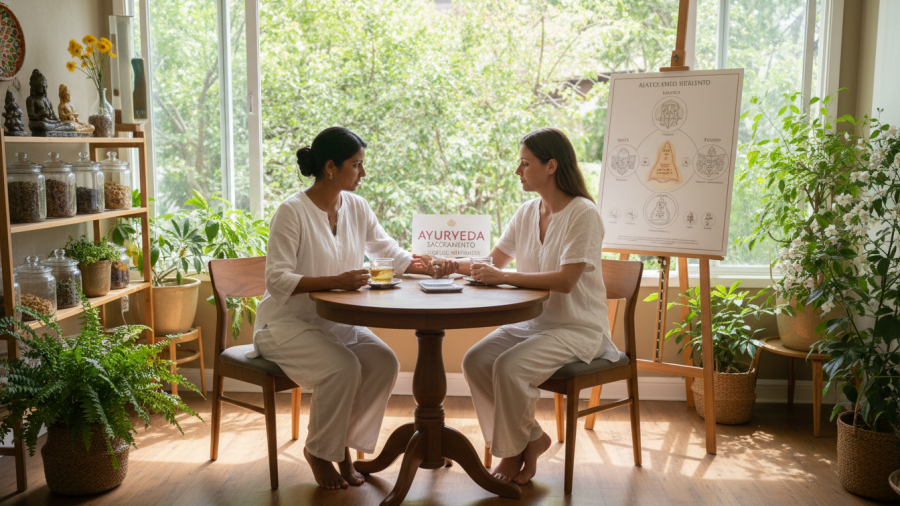 Ayurvedic practitioner in Sacramento consults patient in holistic clinic.