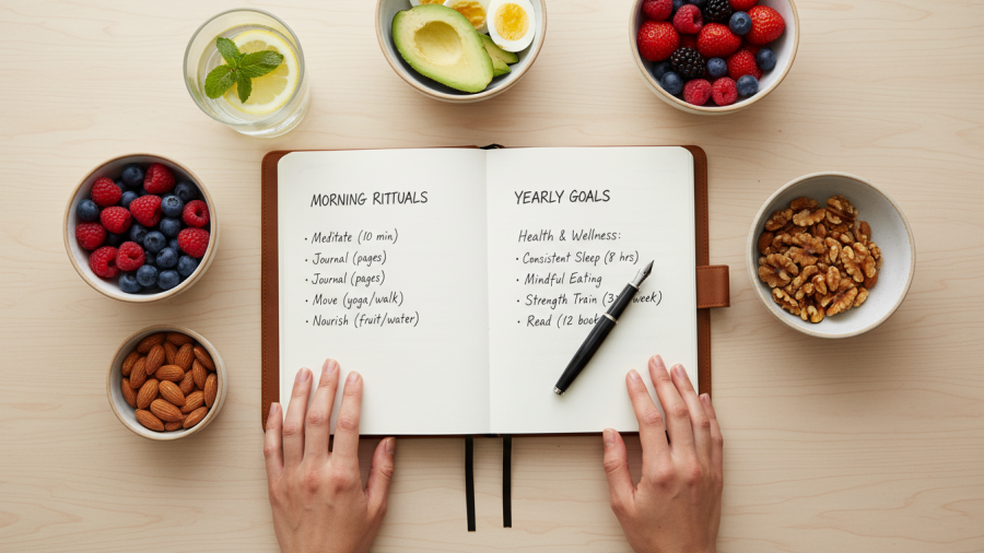 A serene flat-lay of whole foods and a journal, promoting healthy living and nutritional benefits.