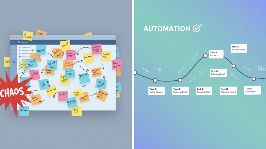 Automated email marketing: chaotic inbox vs organized email marketing flows for spa customer engagement.