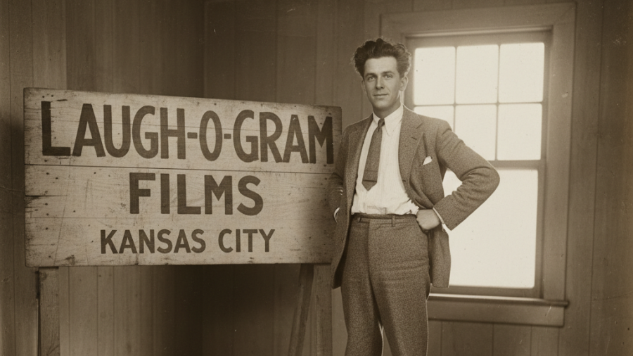 Vintage black-and-white photo of young Walt Disney at Laugh-O-Gram studio.