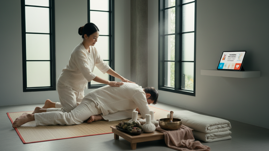 A Thai practitioner blends traditional stretches with modern wellness in a serene studio.
