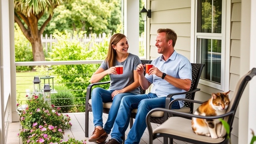 Relaxed couple enjoys tea on porch as natural pest control technician treats garden.