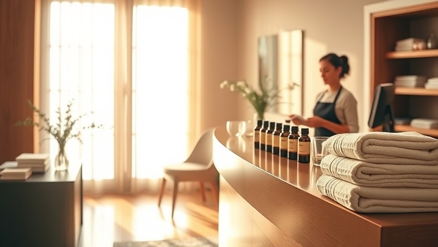 Serene spa reception with essential oils, warm light, and calming ambiance.