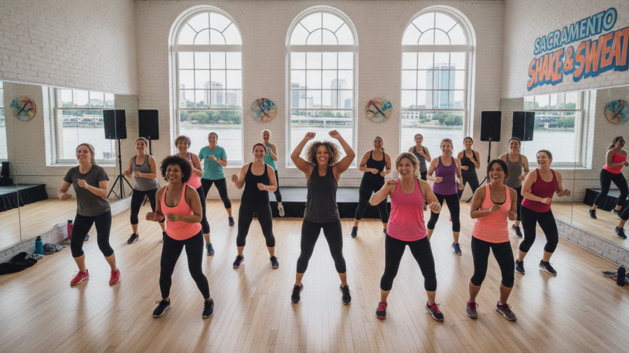 Diverse adults enjoy Sacramento dance fitness classes in a bright studio.