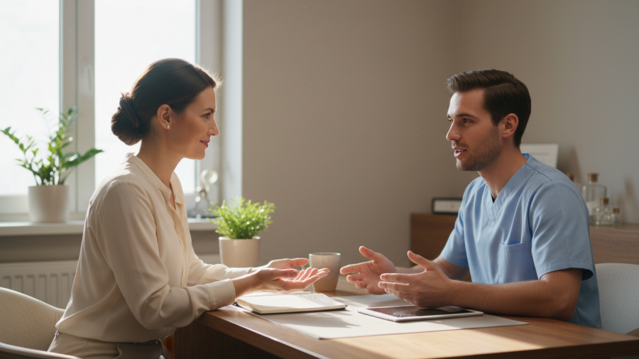 Calm spa communication culture: a manager and staff member engage constructively.