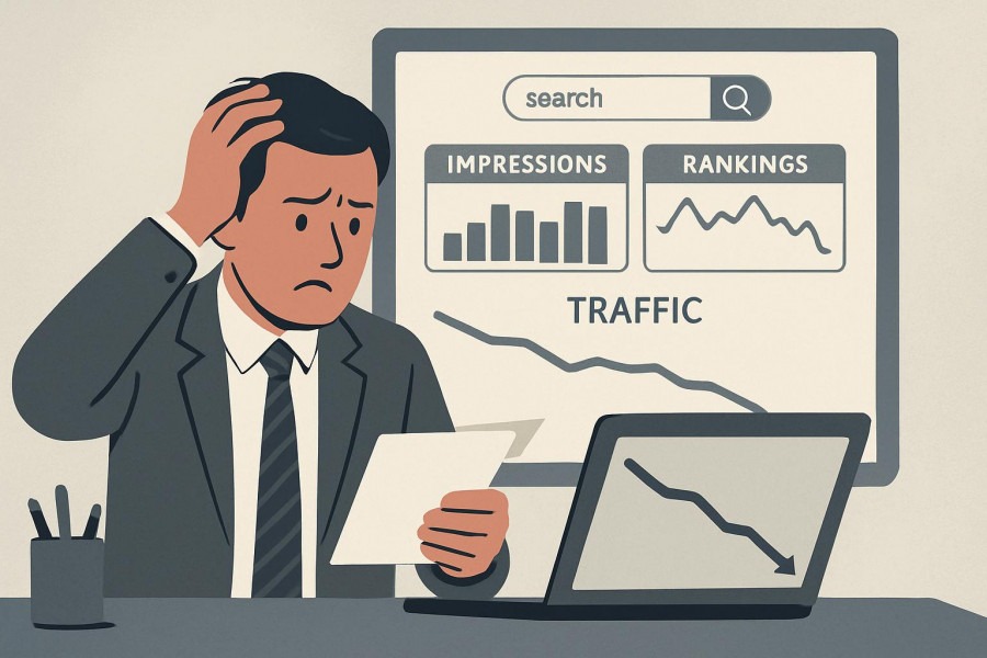 Confused business owners examining reports on local SEO and AI summaries.