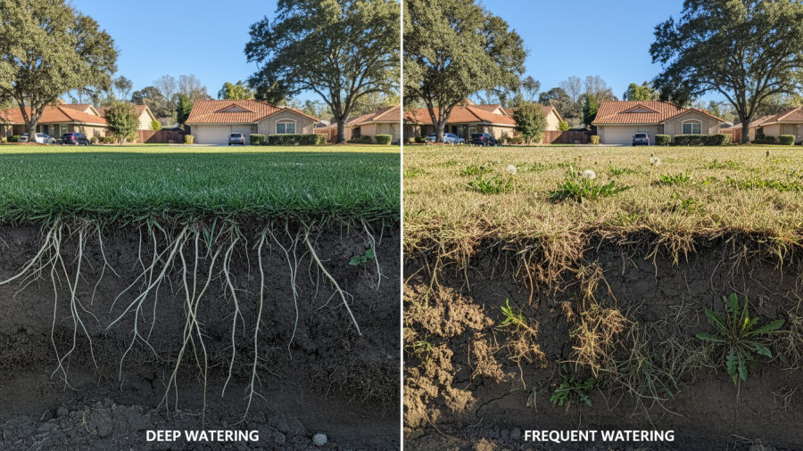 Comparison of deep vs frequent watering effects on Sacramento lawn roots and health.