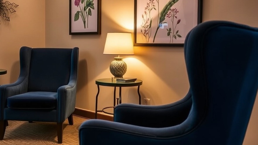 Cozy waiting room with blue velvet chairs and botanical artwork.