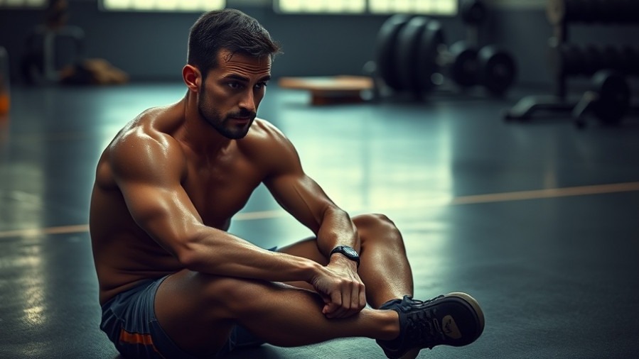 Man in gym reflecting on self-acceptance and body image resilience post-workout.