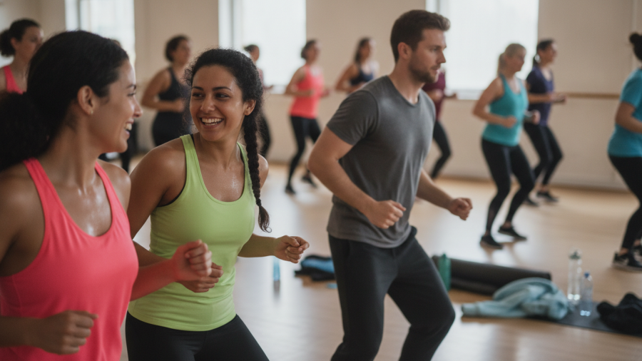 Friends support each other in a dynamic Sacramento dance fitness class.