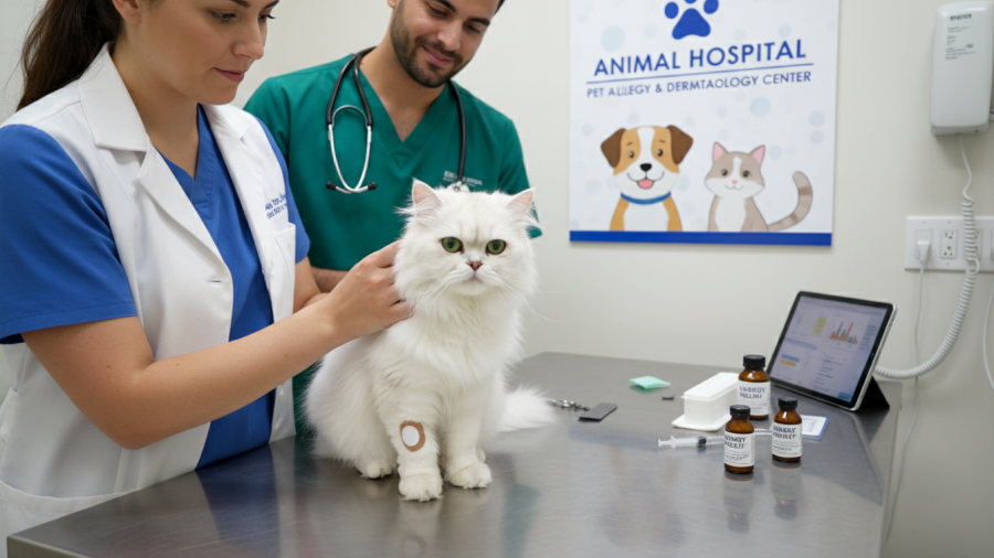 White cat receiving checkup for pet allergy treatment at animal hospital