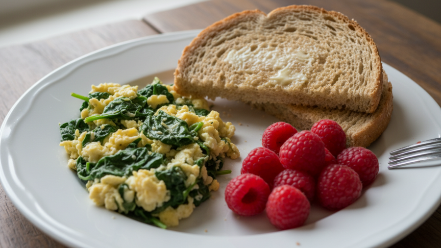 Healthy breakfast ideas featuring spinach and egg scramble for heart health.