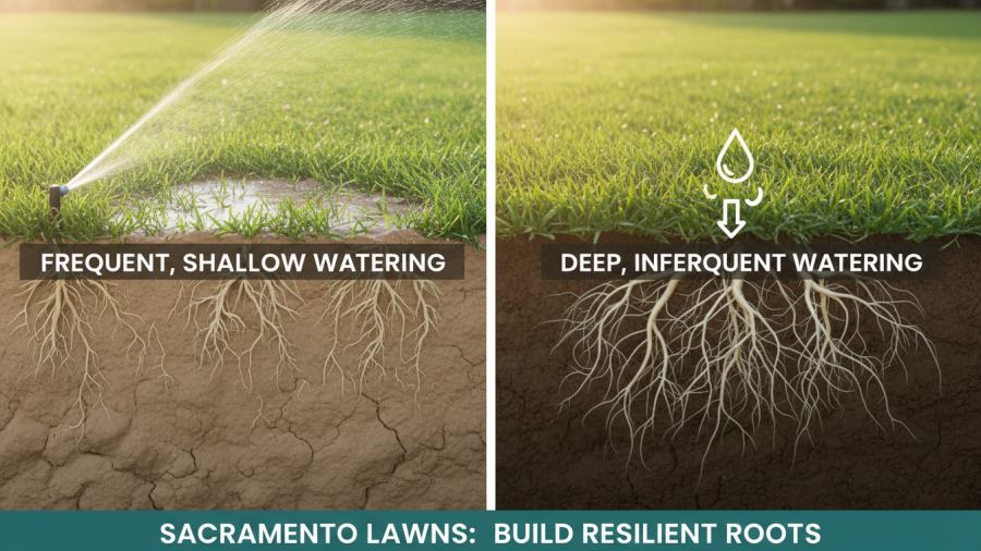 Deep vs frequent watering lawn in Sacramento builds stronger roots for a healthy lawn.