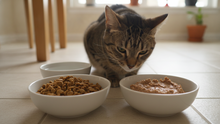 A cat weighing options between wet vs dry cat food in a cozy home setting.