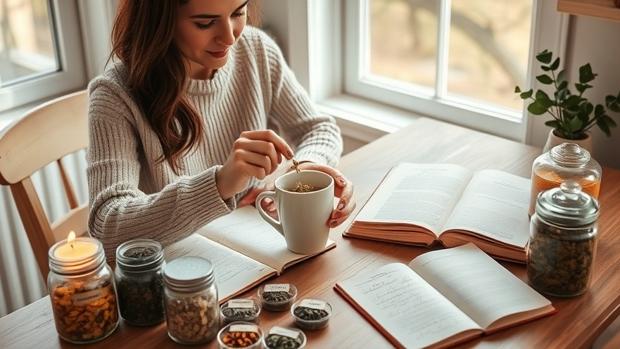 Cozy kitchen table with dried herbs, tea, and a woman preparing chamomile.