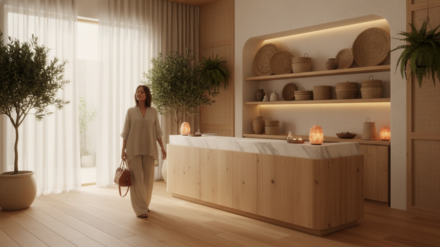 Relaxing spa reception with natural textures and calming ambiance.