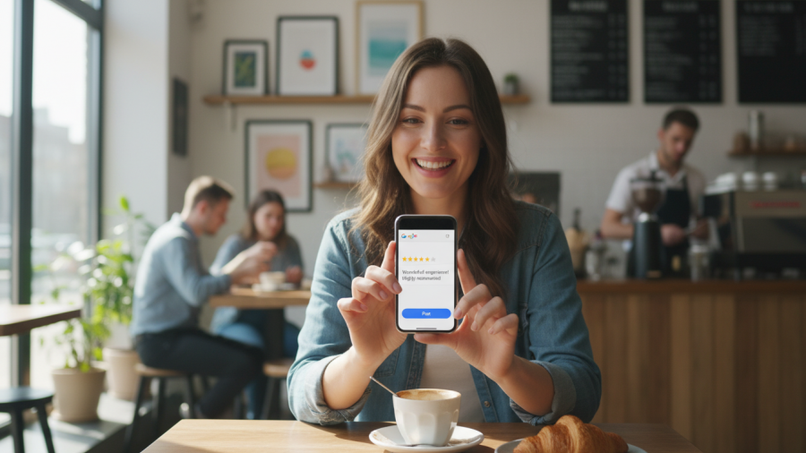 Happy customer leaving positive Google review on smartphone in cafe