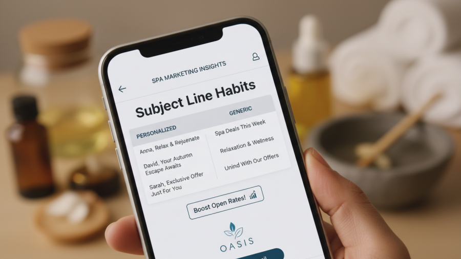 Photorealistic spa email preview on smartphone highlighting personalized subject lines